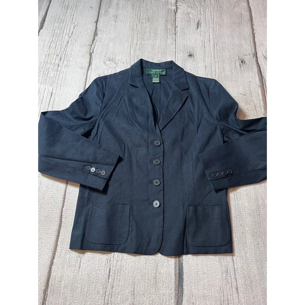 Lauren Ralph Lauren Pant Suit‎ Women 10 Navy Blue Linen Blend Blazer Trousers